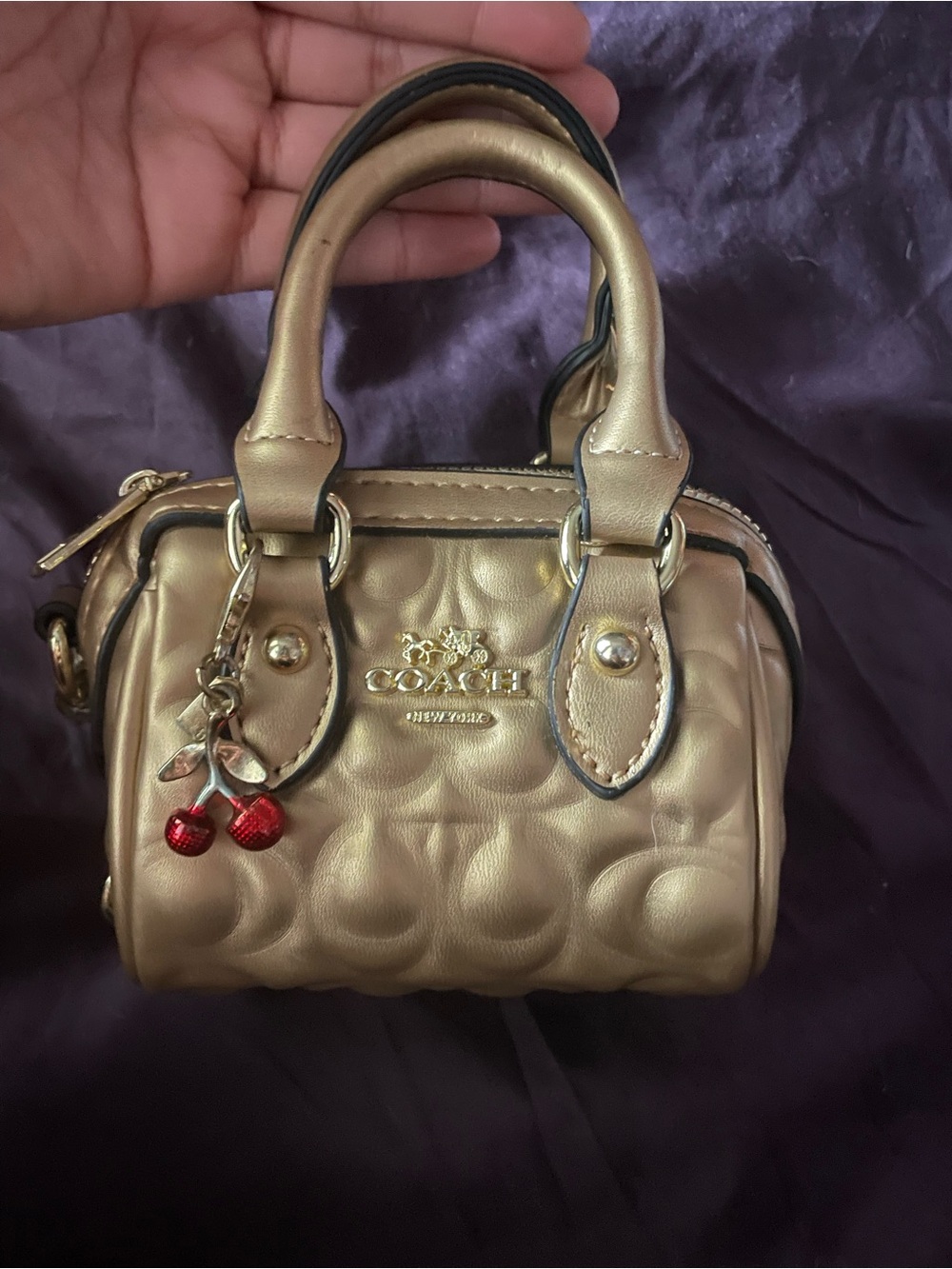 Coach Metallic Gold Mini Satchel with Red Cherry Charm